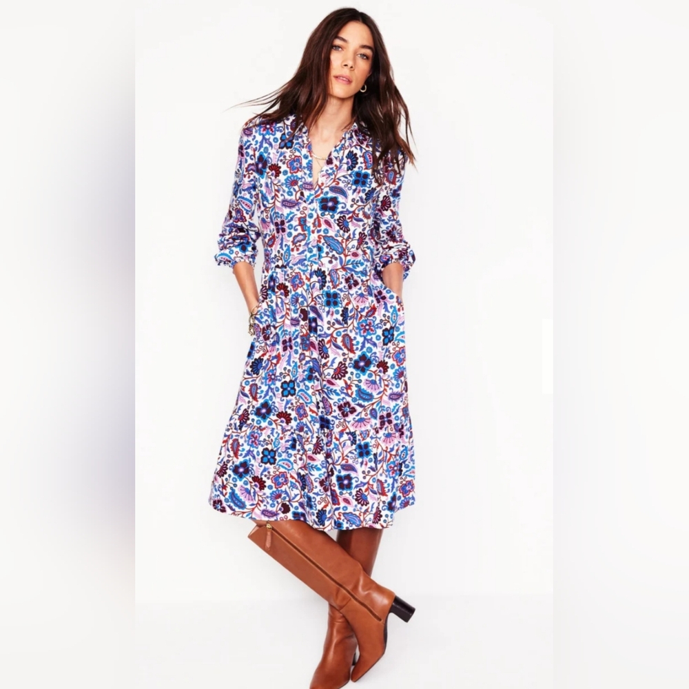Boden Blue and White Floral Long Sleeve Dress